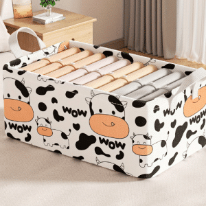 منظم ملابس دولاب للاطفال ابيض Cow مع مقبض، وقوائم معدن صندوق تخزين قماشي قابل للطي لتخزين الملابس