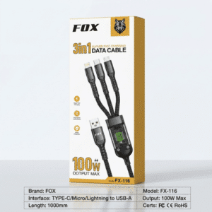 كابل USB متعدد 3 في 1 مضفر لشحن سريع 6 أمبير/ 100 وات، فوكس، متوافق مع لايتنينج/ مايكرو/ نوع سي