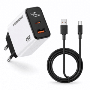 كابل + شاحن سريع 45W، منفذ USB-C PD و USB-A QC 3.0، شاشة رقمية، مع كابل Type-C بطول 1 متر
